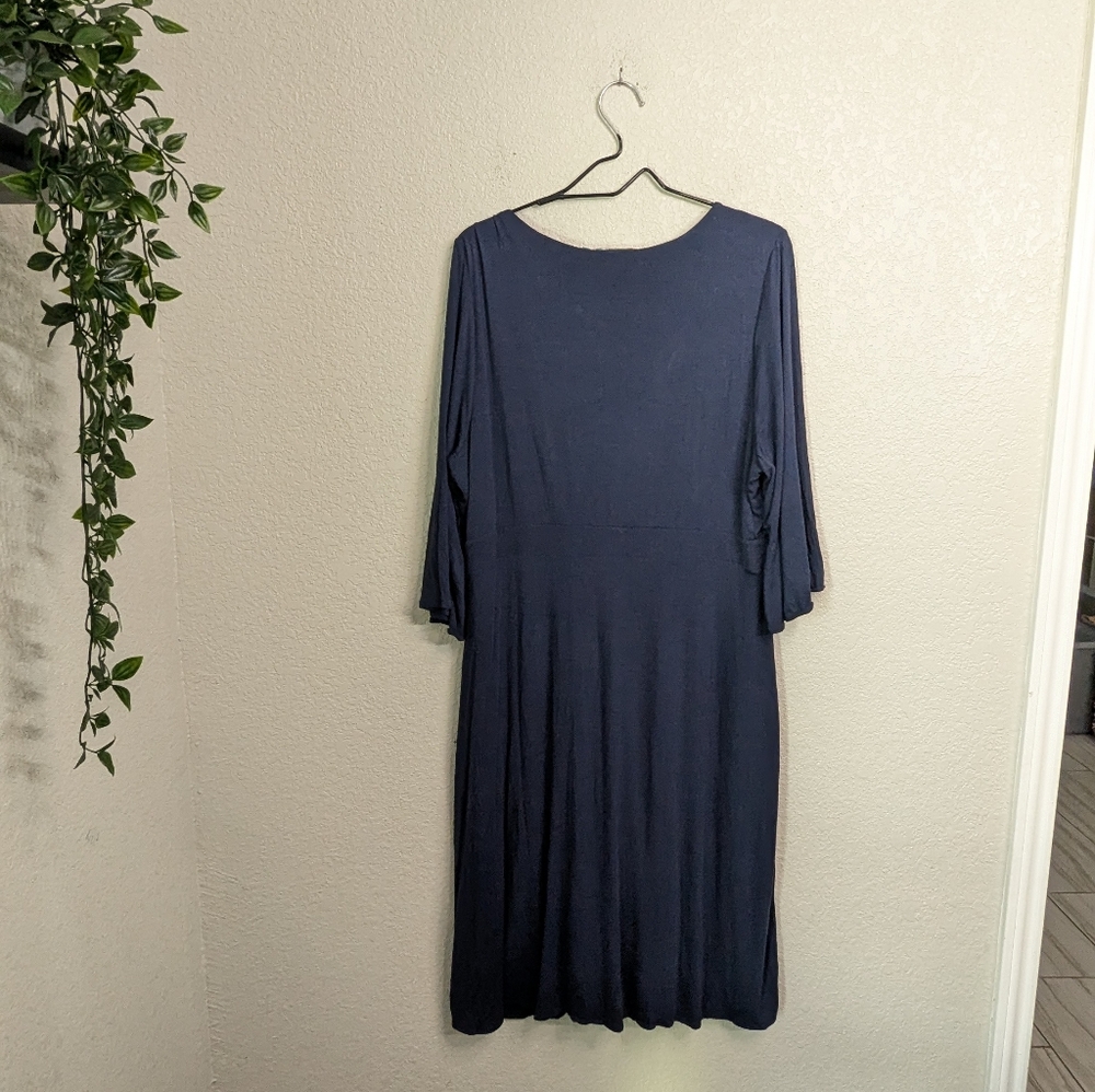 Boden Navy Blue Draped Jersey Midi Dress 3/4 Bell Sleeve Faux Wrap Stretch 16R - Picture 3 of 11